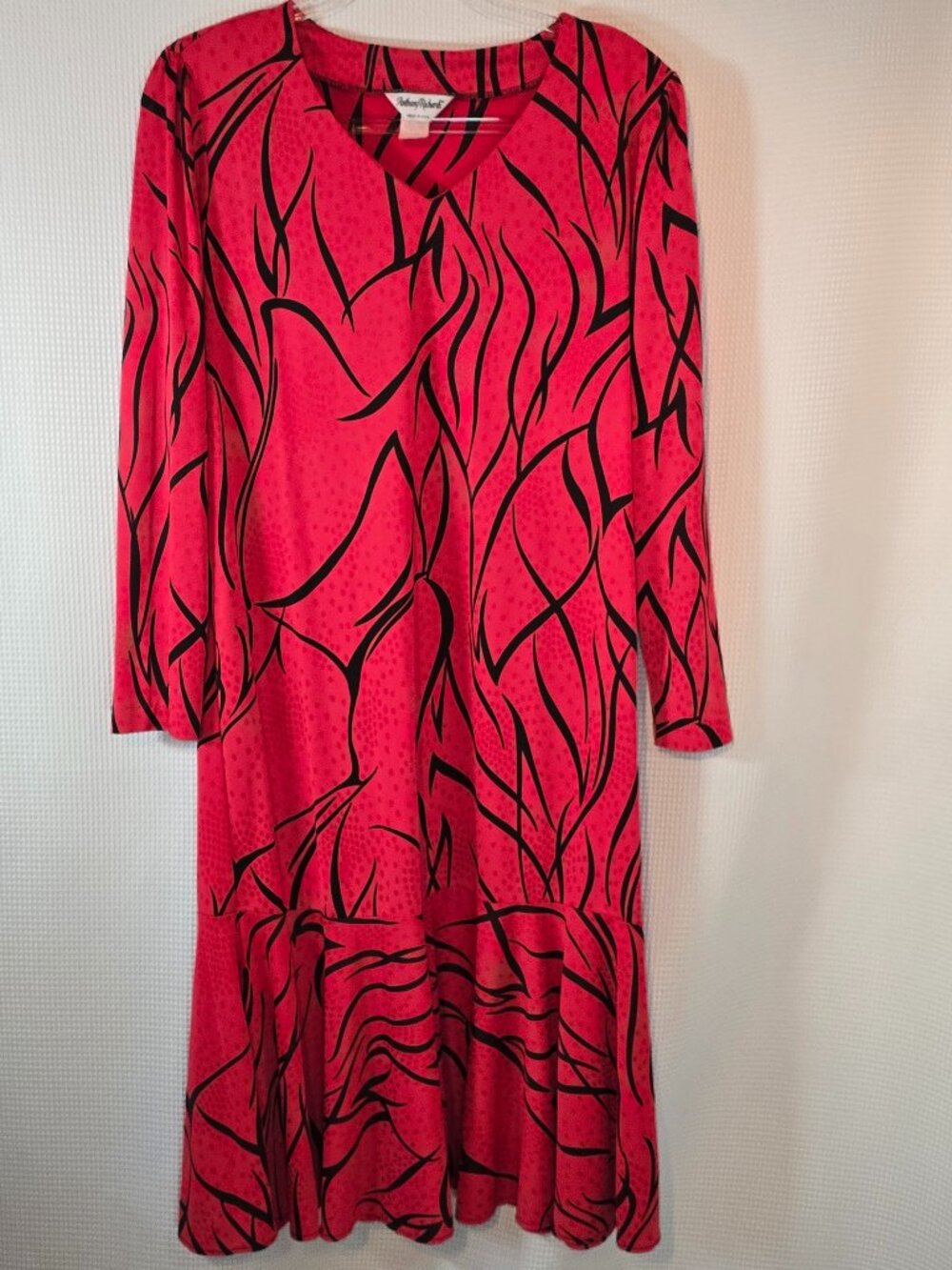 Vintage 80s Anthony Richards Pink Black Abstract Midi Shoulder Pads Drop Waist